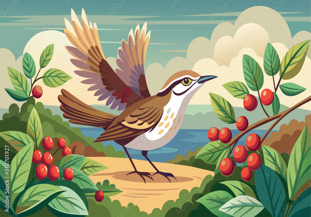 Naklejka premium A bird is perched on a branch with red berries