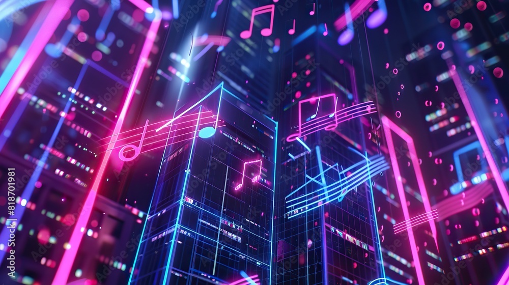 Urban music in the city with neon color music background. Animation loop