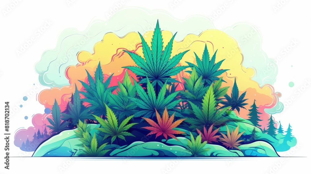 Illustration of lush cannabis plants with a colorful, gradient background, highlighting natural beauty and vibrant hues.
