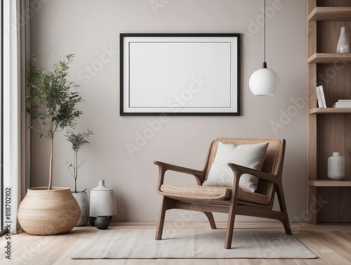 blank poster frame  home interior armchair  table and decor in living room  Wood Tones wall background