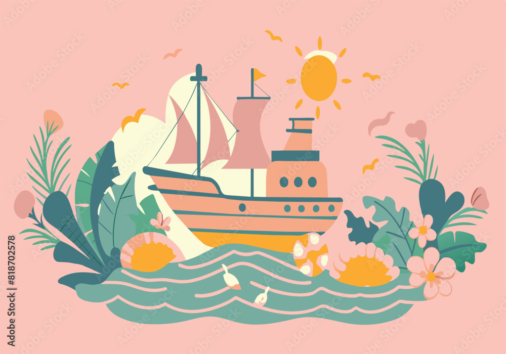 A colorful drawing of a boat on the water with a sun in the sky A colorful drawing of a boat on the water with a sun in the sky
