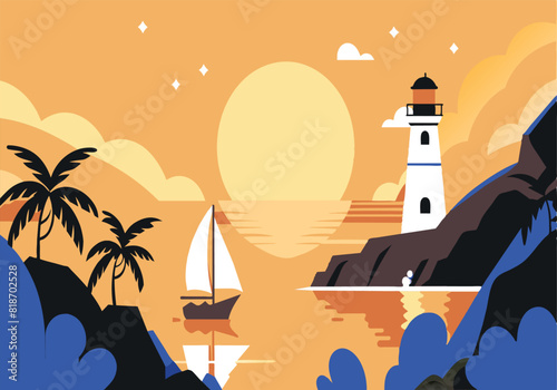 A beautiful sunset with a sailboat in the water and a lighthouse in the distance