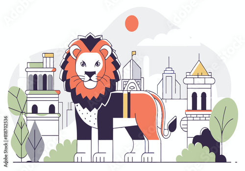 A lion stands in front of a city with a sun in the sky