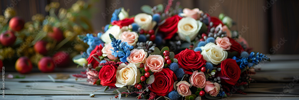 a lot of colorful beads,
A Wreath of Red, White, and Blue Flowers Is Pla
