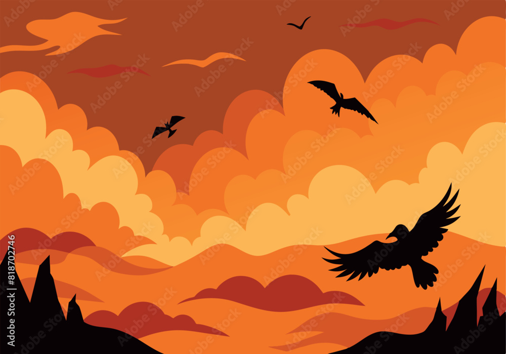 A painting of a sky with three birds flying in it A painting of a sky with three birds flying in it