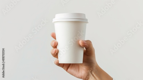 A hand holding a white paper coffee cup with a white lid against a pale grey background. photo