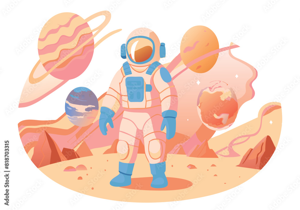 Obraz premium A man in a space suit stands on a rocky planet