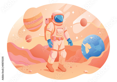 A man in a space suit is walking on a planet