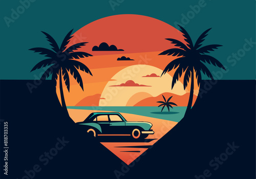 A car is parked on a beach near a palm tree
