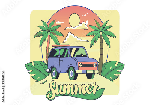 A car is driving on a beach with palm trees in the background