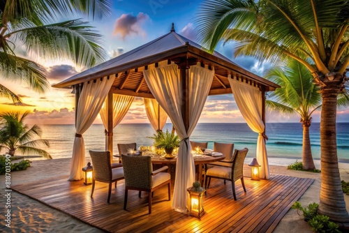 Elegant Beachfront Gazebo with Ocean View Dining - Tropical Paradise. Al Fresco Dining Concept