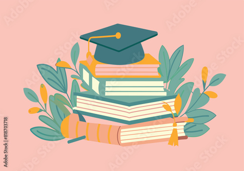 A stack of books with a cap on top of them