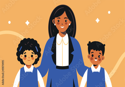 A woman is holding her two children, one of whom is wearing a blue shirt