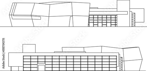 vector illustration sketch design drawing of multi-storey buildings, skyscrapers, malls with modern shapes in big cities