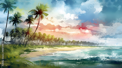 Palm-lined coastlines watercolor photo