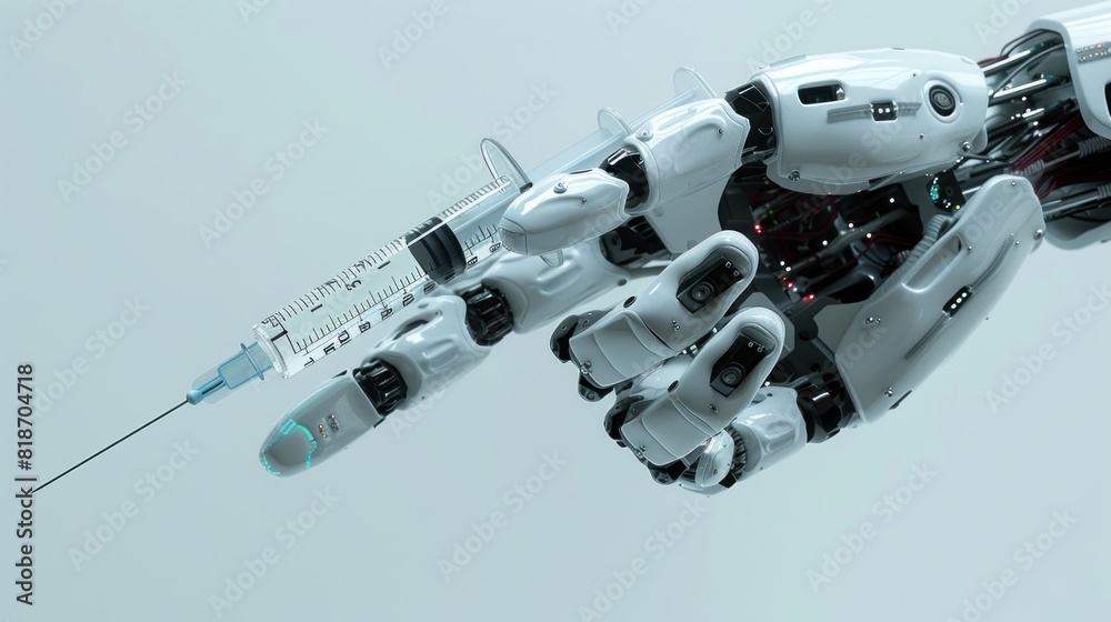 3d rendering robotic hand holding medical syringe 3d rendering robotic hand holding medical syringe