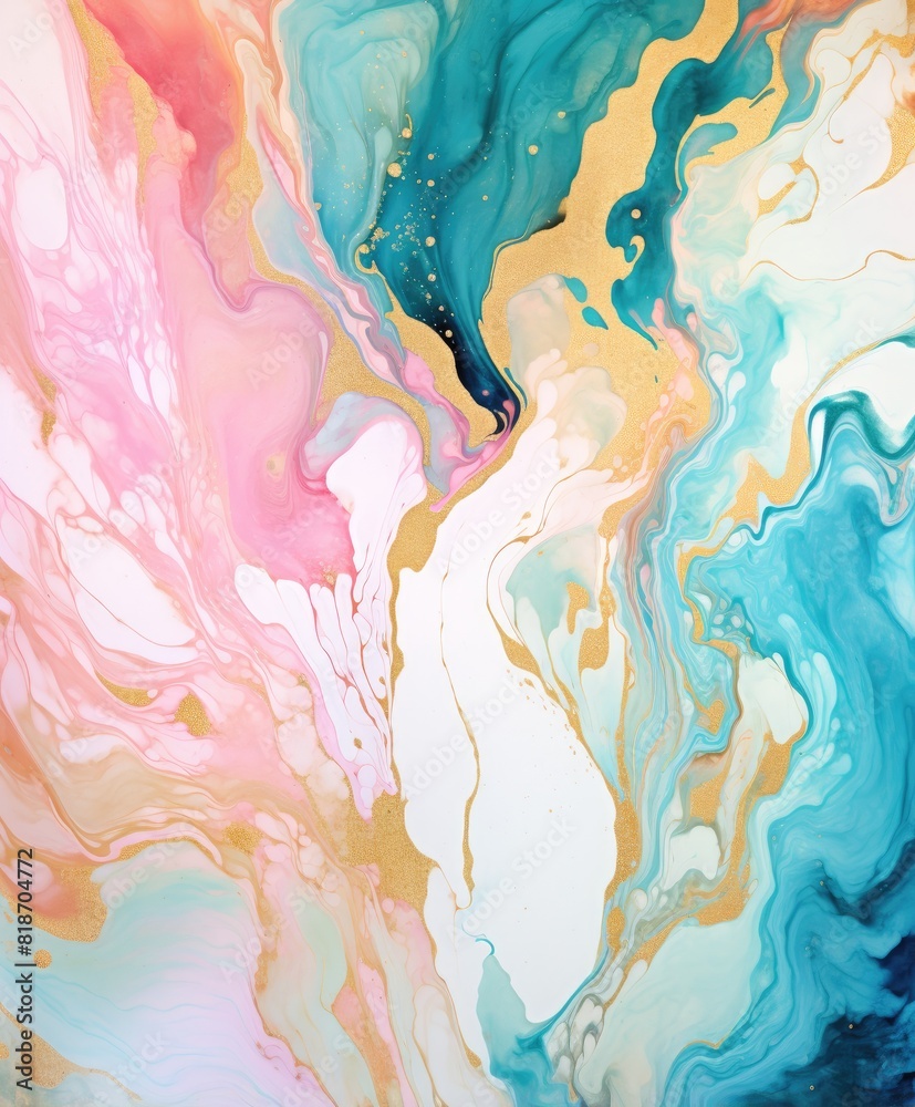 Close up of abstract painting with pink, blue, and yellow colors