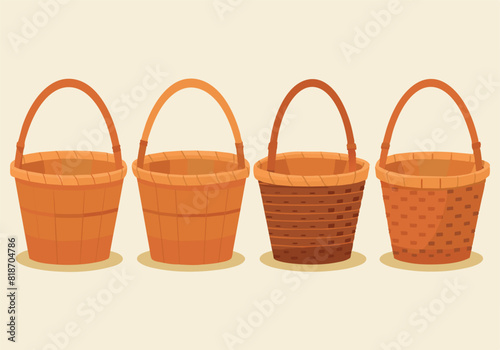 Four baskets of different sizes and colors, all made of wood