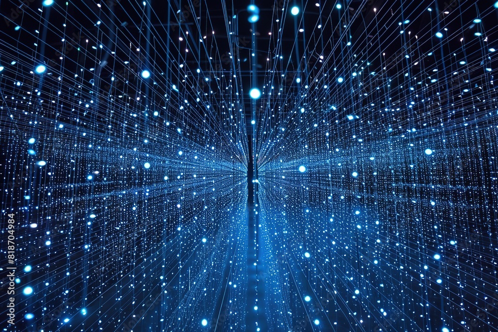 Blue dots and lines dance in a rhythmic pattern, mimicking the complex interactions of quantum computing and data transfer. Blue dots and lines dance in a rhythmic pattern, mimicking the complex interactions of quantum computing and data transfer.