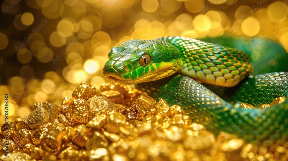 Green snake on pile of gold Green snake on pile of gold