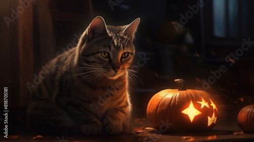Cat sitting next to pumpkin © Boomanoid