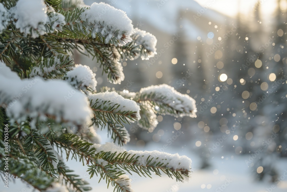 Close up of snow-covered pine tree