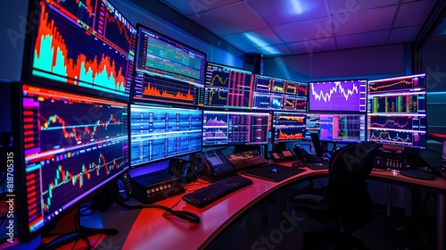 Dynamic trading room atmosphere with multiple screens showcasing market graphs, reflecting the fast-paced nature of financial trading, all captured with HD precision.