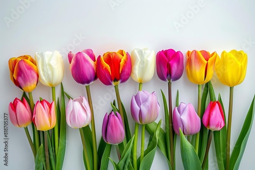 bouquet colorful tulip flowers white wall copy space vibrant spring floral arrangement freshness beauty nature blooming still life plants 