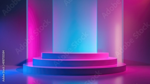 3d neon podium abstract background  Copy space product presentation  Empty stage  podium  place for product  Colored neon lights  3d rendering image  Blurred reflections on the floor