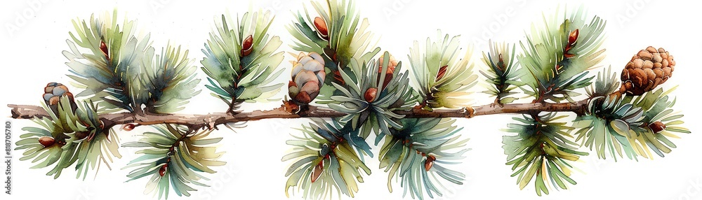 Obraz premium Beautiful watercolor illustration of pine branch with needles and cones, ideal for nature and holiday themed projects or designs.