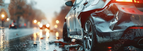 A car is in a wreck on a rainy street. The car is black and has a damaged front end. The scene is dark and gloomy, with the rain adding to the mood