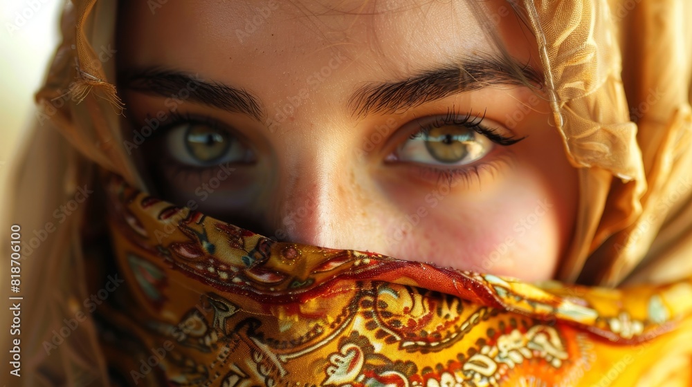 Beautiful turkish girl wearing traditional islamic clothing, close-up portrait with ethnic headscarf Beautiful turkish girl wearing traditional islamic clothing, close-up portrait with ethnic headscarf