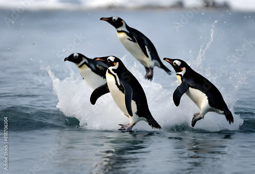 Penguins jumping out of the water