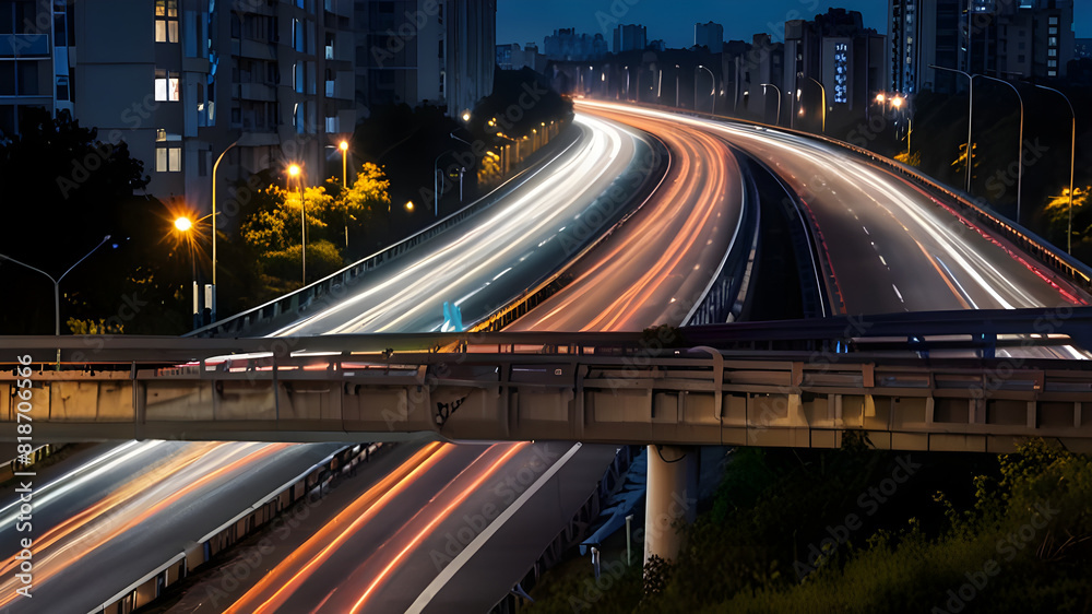 High speed light effect or highway motion light trails abstract background of urban city ai image generative