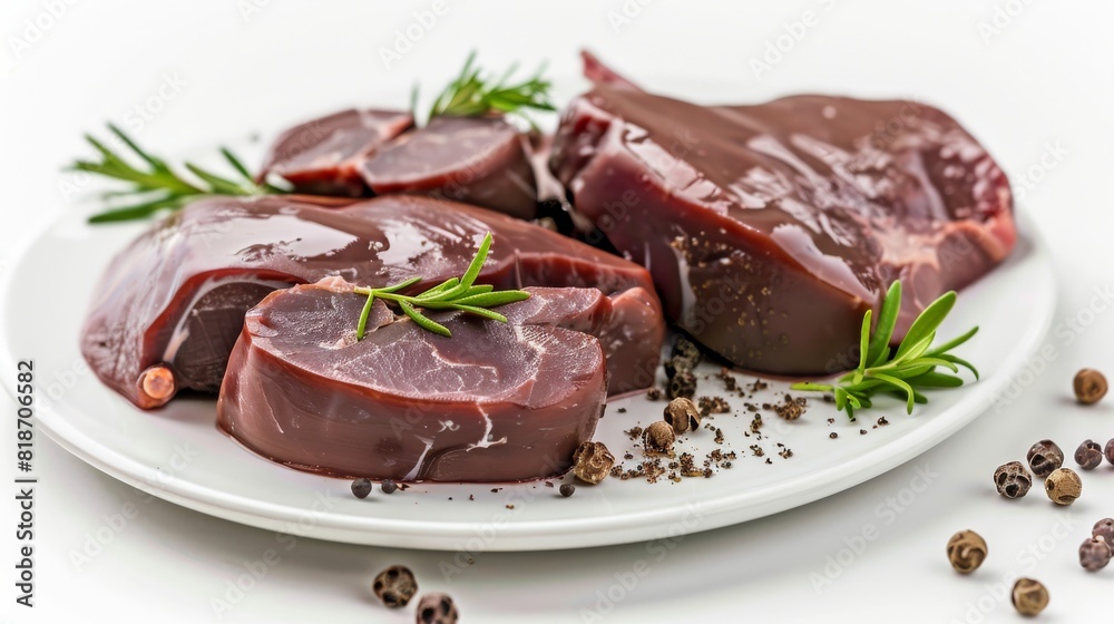 Raw fresh beef liver slices on white plate with rosemary and peppercorns. Raw fresh beef liver slices on white plate with rosemary and peppercorns.
