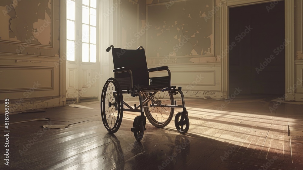 Wheelchair in empty hallway