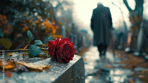 Red rose on gravestone photo