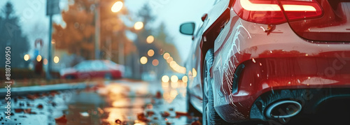 A red car is parked on a wet street with a blurry background. The car has a lot of water on it, and the street is wet and slippery. The scene has a moody and somewhat ominous feeling photo