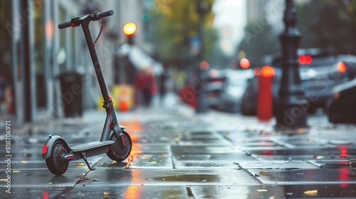 A modern electric scooter parked on a bustling sidewalk, providing a convenient and eco-friendly way for urban dwellers to navigate city streets. photo