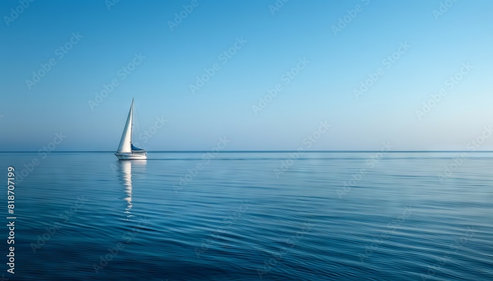 The image shows a lonely sailing boat on the sea under the blue sky.