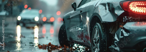 A car is parked on the side of the road with a smashed front end. The car is surrounded by other cars and the street is wet. The scene is dark and gloomy, with the rain adding to the mood