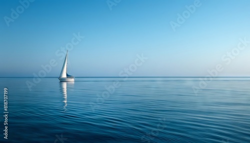 The image shows a lonely sailing boat on the sea under the blue sky.