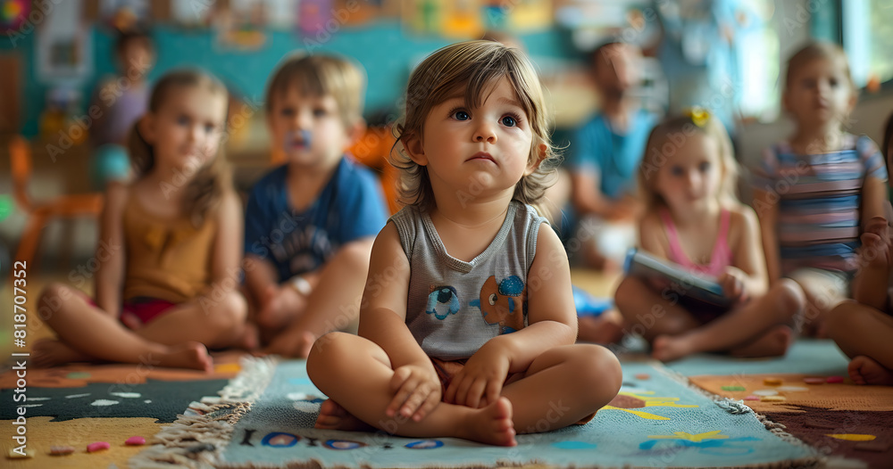 Fototapeta premium Children in kindergarten attentive to the teacher, summer concept vacation concept holidays