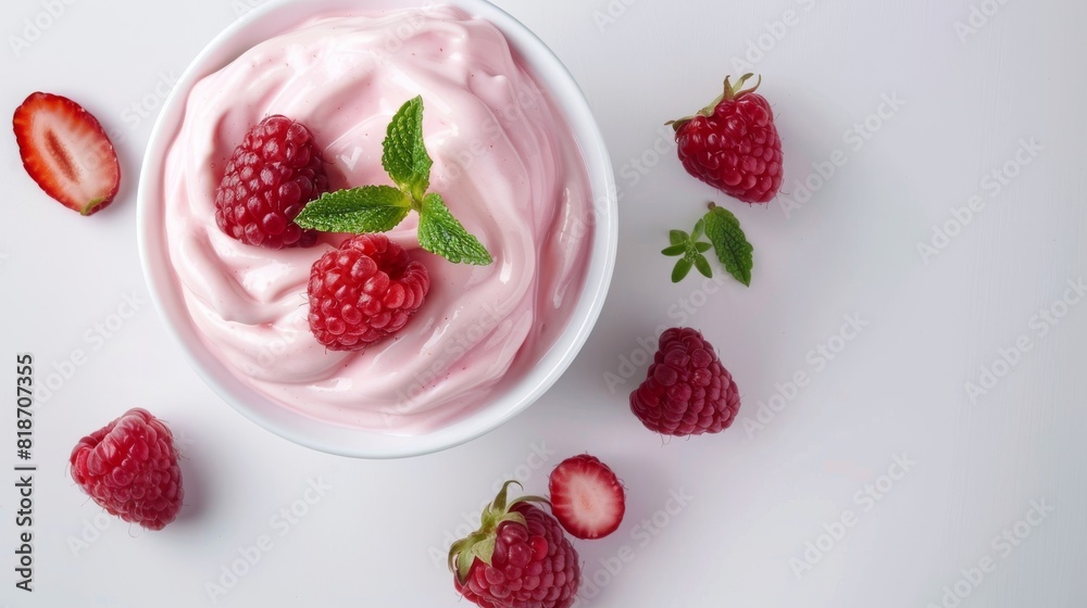 The photo shows a bowl of pink yogurt with raspberries and strawberries on a white background The photo shows a bowl of pink yogurt with raspberries and strawberries on a white background