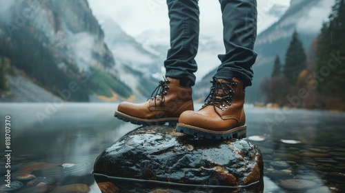 Pair of brown boots standing on mountain summit photo