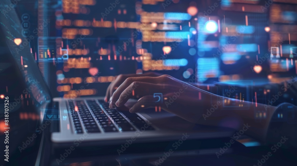 Futuristic computer programmer coding ai and data science on laptop with global internet network