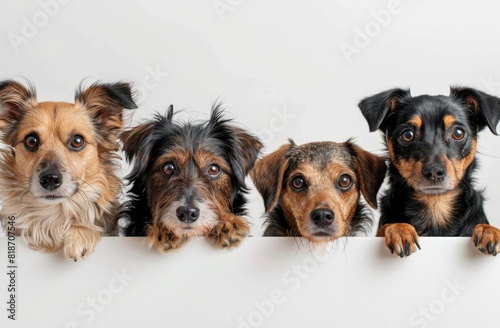 Group of dogs peeking over white wall