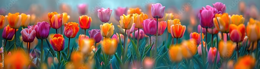 Blurry colorful tulips in field