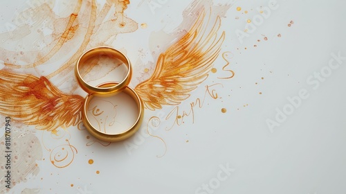 Two gold wedding rings, a wedding card with calligraphic handwriting, a wedding invitation, an engagement greeting card, a golden wedding, rings on a white background for copying lie side by side