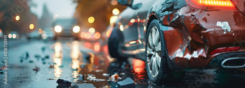 A car is in a collision with another car and the front of the car is smashed. The car is on a wet road and there are other cars in the background